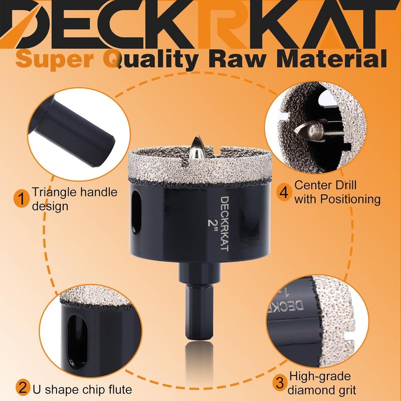 DECKRKAT 2 Inch Diamond Hole-Saw Bits with Pilot Drill Bit - 2pc 2" Diamond Tipped Tile Hole Saws with Guiding Bit Accurate Drilling for Porcelain Tile Ceramic Pottery Granite Stone Glass Bottles 50mm - Image 4